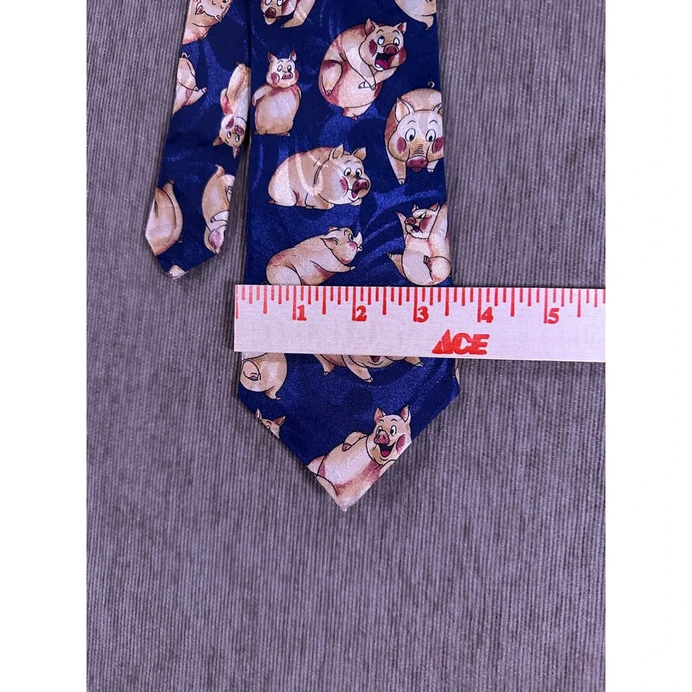 Gino Resillio Mens Navy Blue Pure Silk Novelty Pig Cartoon Animal Print Necktie